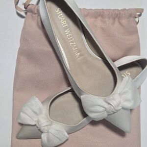 Stuart Weitzman Women's White Satin Flats with Bow